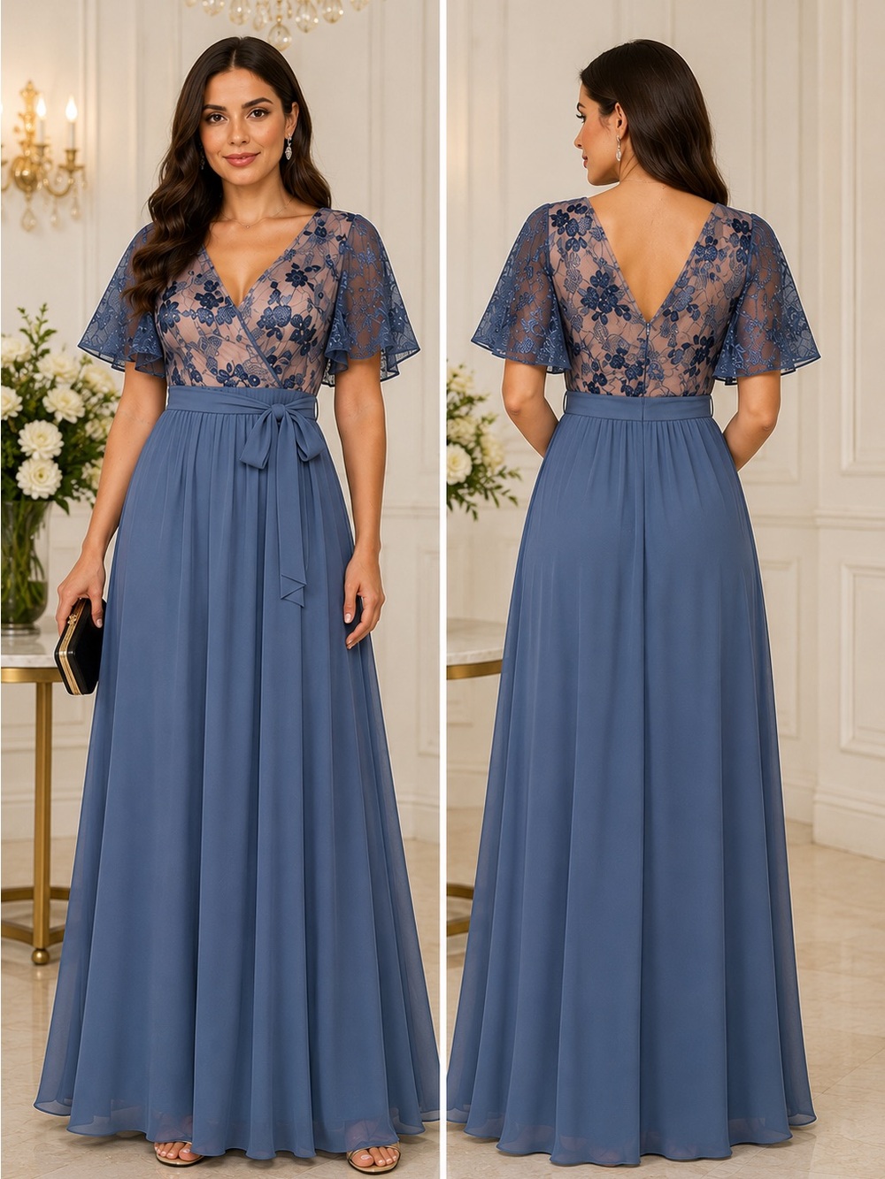 Dusty Blue Lace Flutter Maxi Dress with Waist Tie